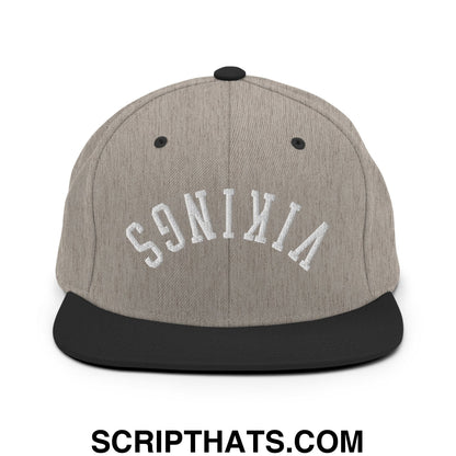Gray and black snapback hat with white embroidered vikings lettering and flat bill brim for casual wear