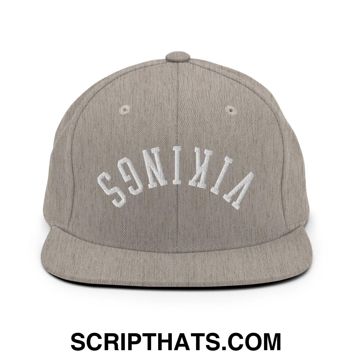 Gray heather snapback cap with white embroidered vikings arch logo and flat bill brim for casual wear