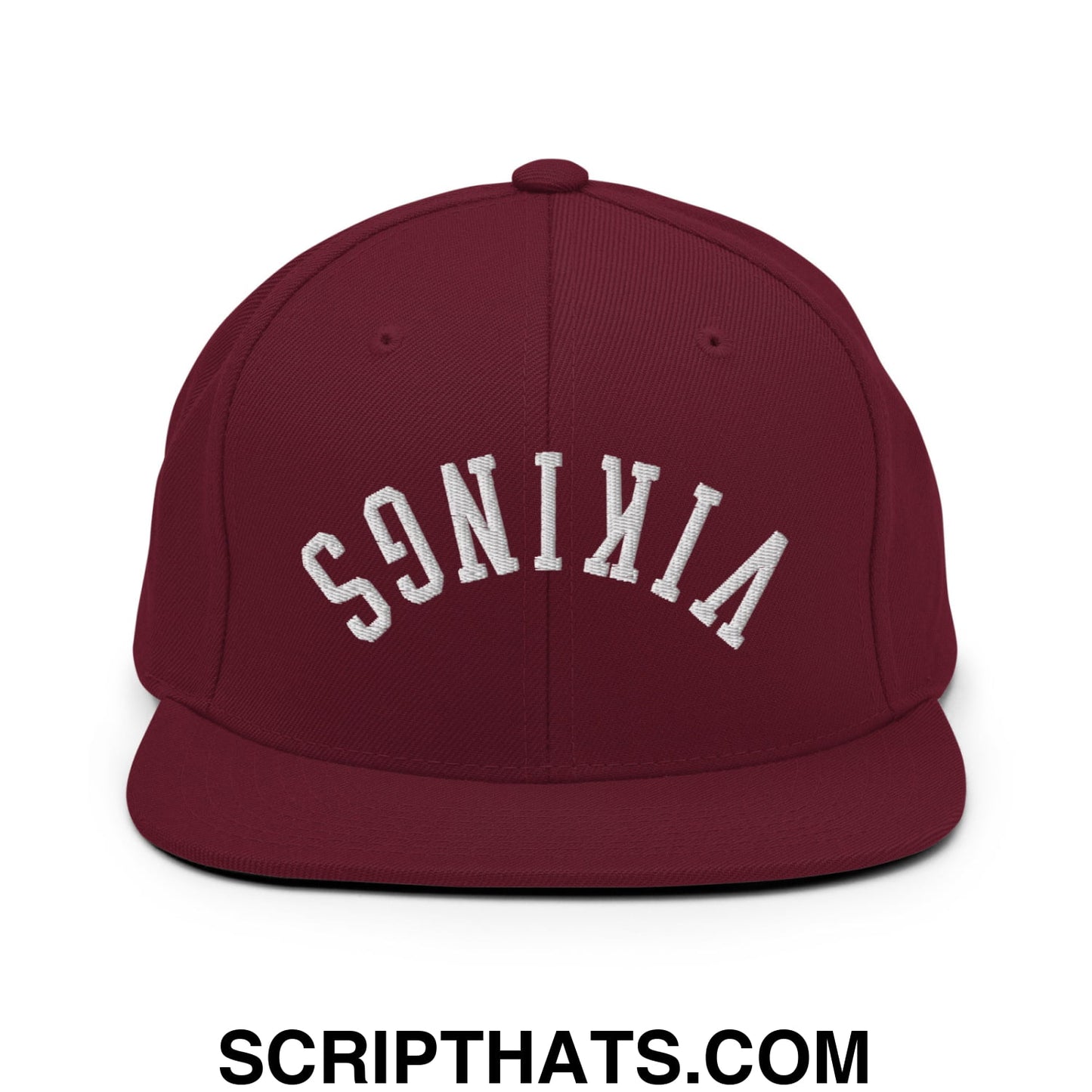 Maroon upside down vikings embroidered flat bill brim snapback hat with white arched front embroidery