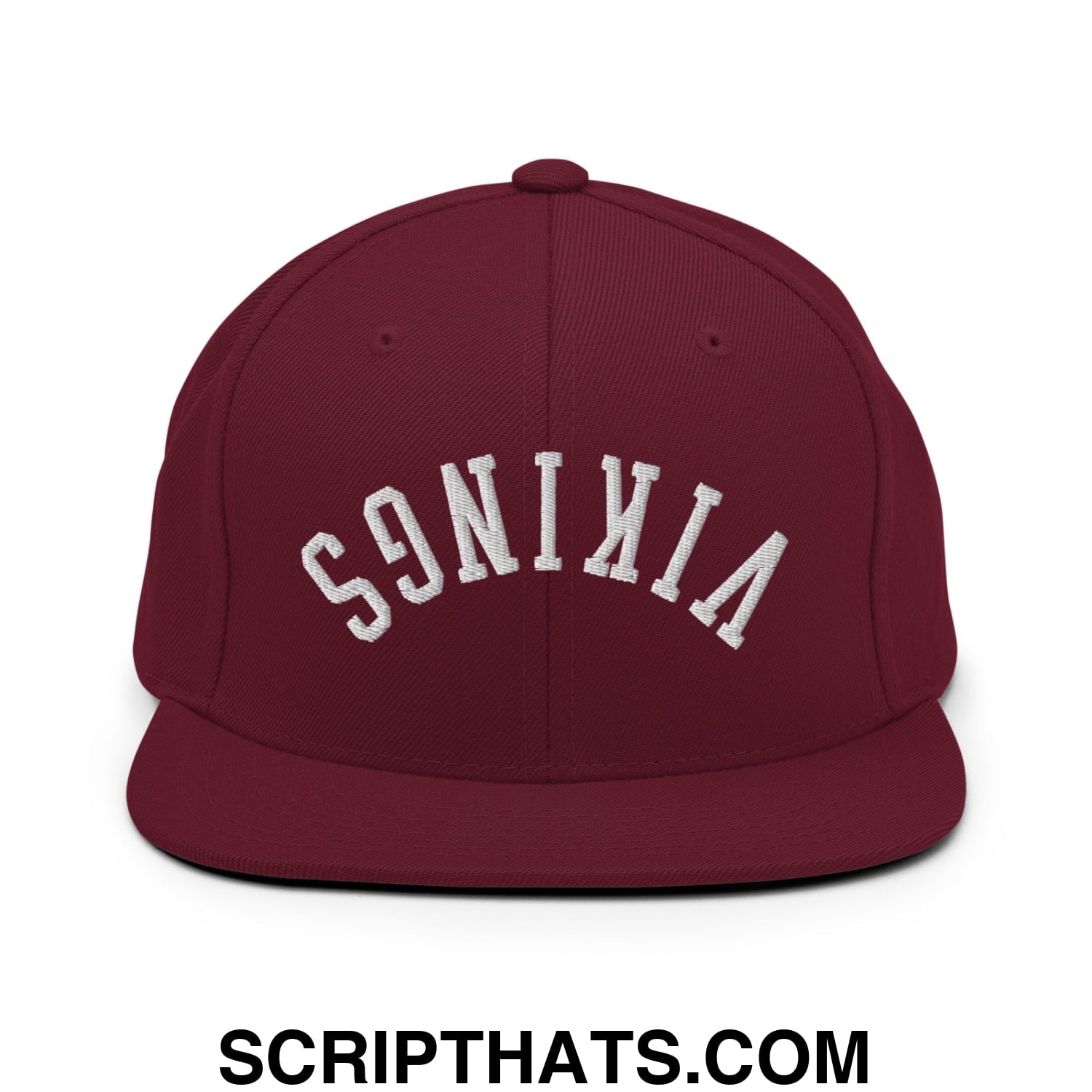 Maroon upside down vikings embroidered flat bill brim snapback hat with white arched front embroidery