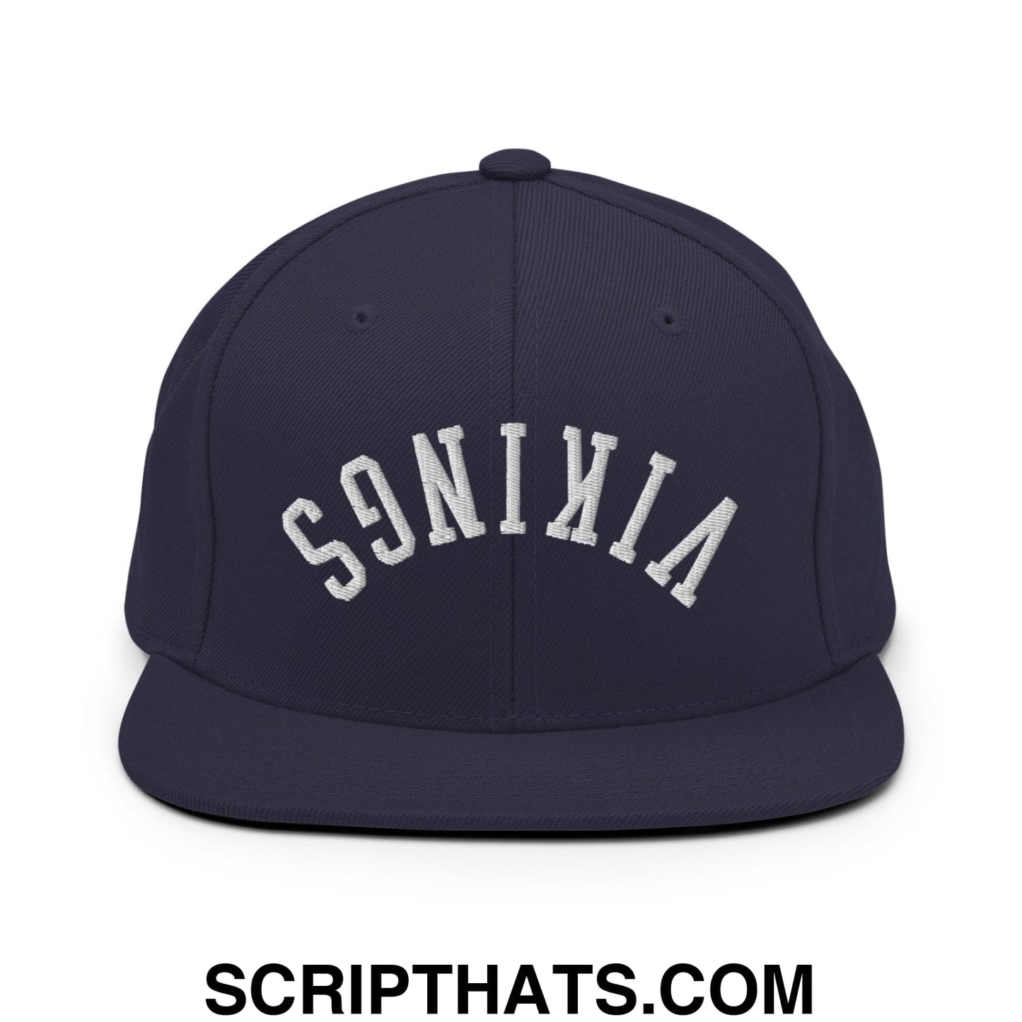 Navy blue snapback hat with white sonicia embroidery and flat bill brim from the Upside Down Vikings collection