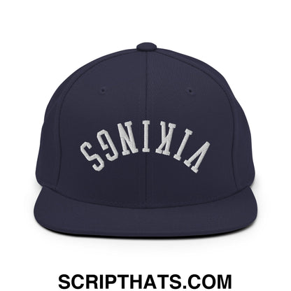 Navy blue snapback hat with white sonicia embroidery and flat bill brim from the Upside Down Vikings collection