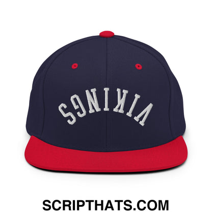 Navy blue snapback hat with red brim and white s9nikia embroidery upside down vikings flat bill brim design