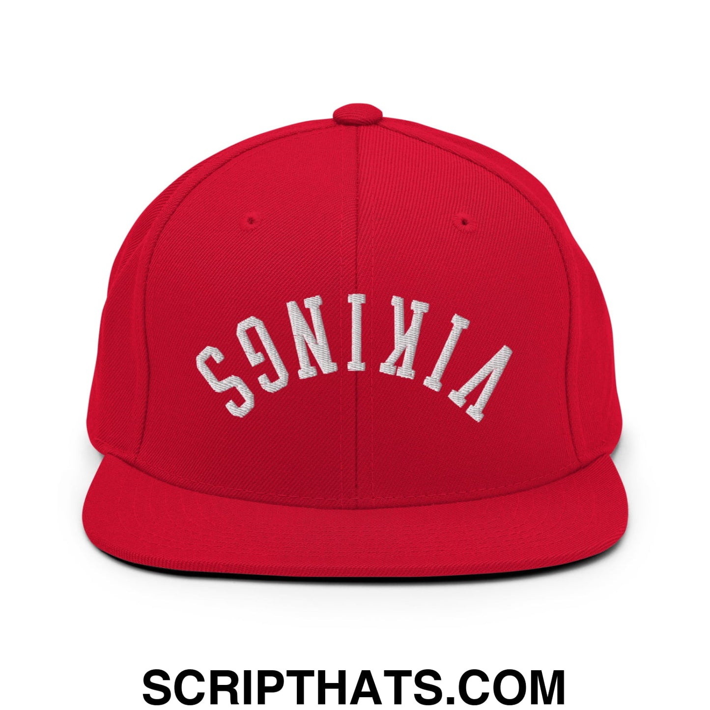 Red flat bill snapback hat with white virginia embroidery and upside down vikings logo on the front