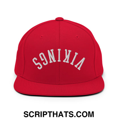 Red flat bill snapback hat with white virginia embroidery and upside down vikings logo on the front