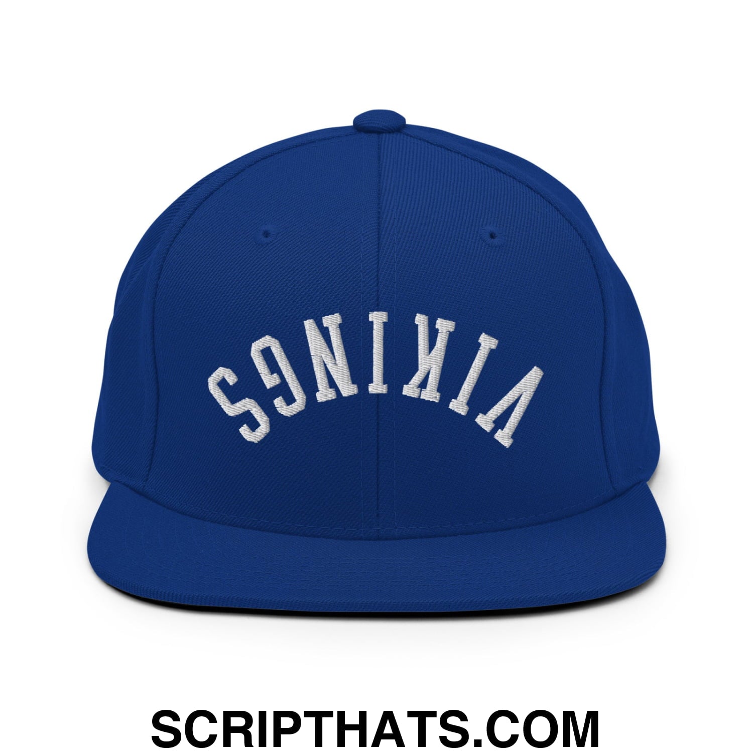 Royal blue flat bill snapback hat with white s9nixia embroidery and Upside Down Vikings design on front