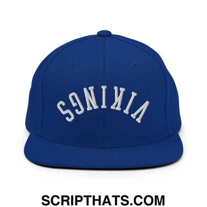 Royal blue flat bill snapback hat with white s9nixia embroidery and Upside Down Vikings design on front