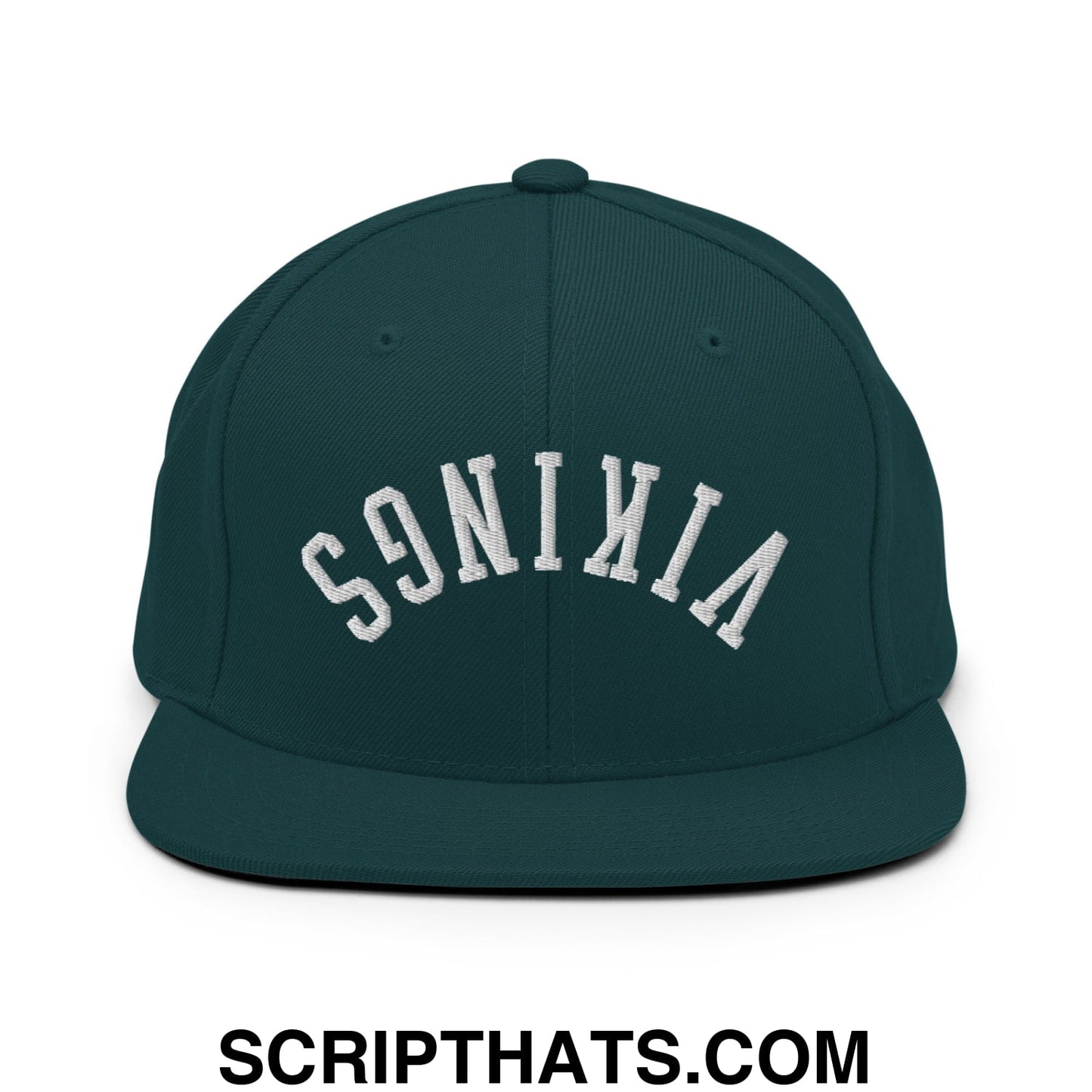Dark green snapback hat with white embroidered vikings lettering in an arched design and flat bill brim