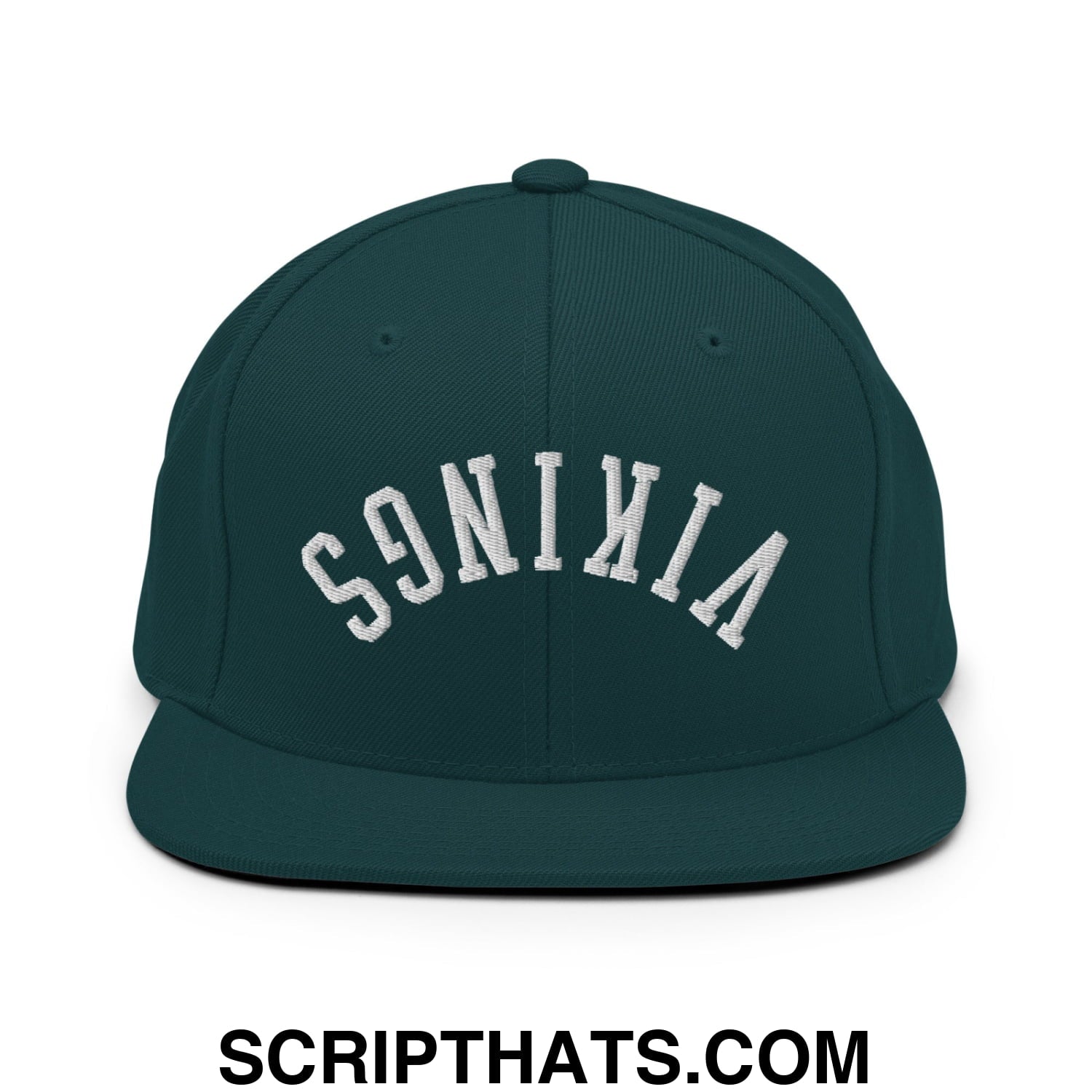 Dark green snapback hat with white embroidered vikings lettering in an arched design and flat bill brim