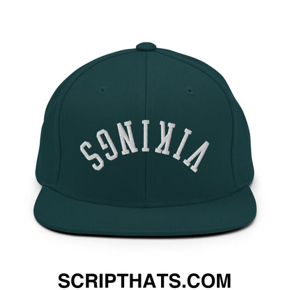 Dark green snapback hat with white embroidered vikings lettering in an arched design and flat bill brim
