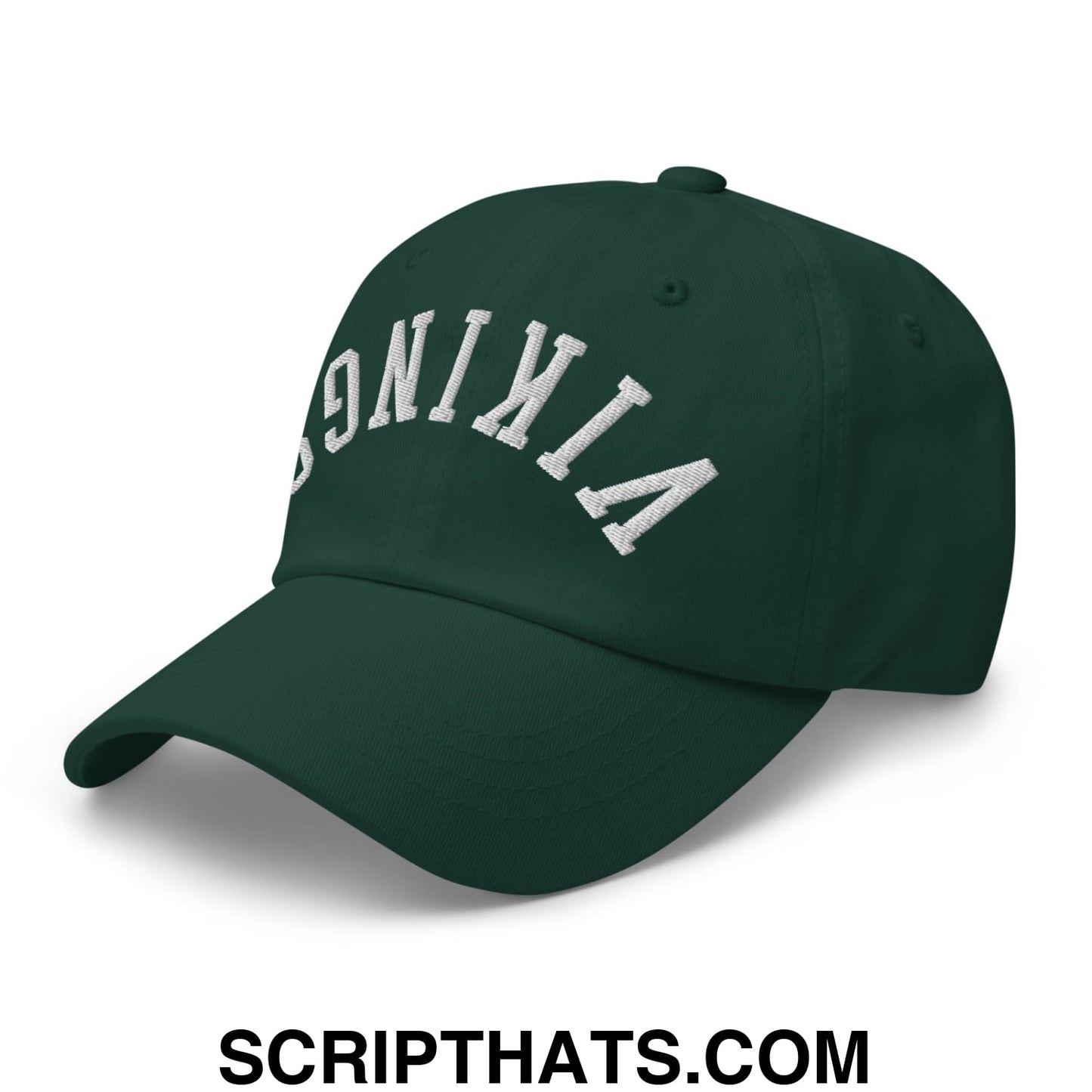Dark green unstructured dad hat with white embroidered virginia arch front upsidedown vikings design