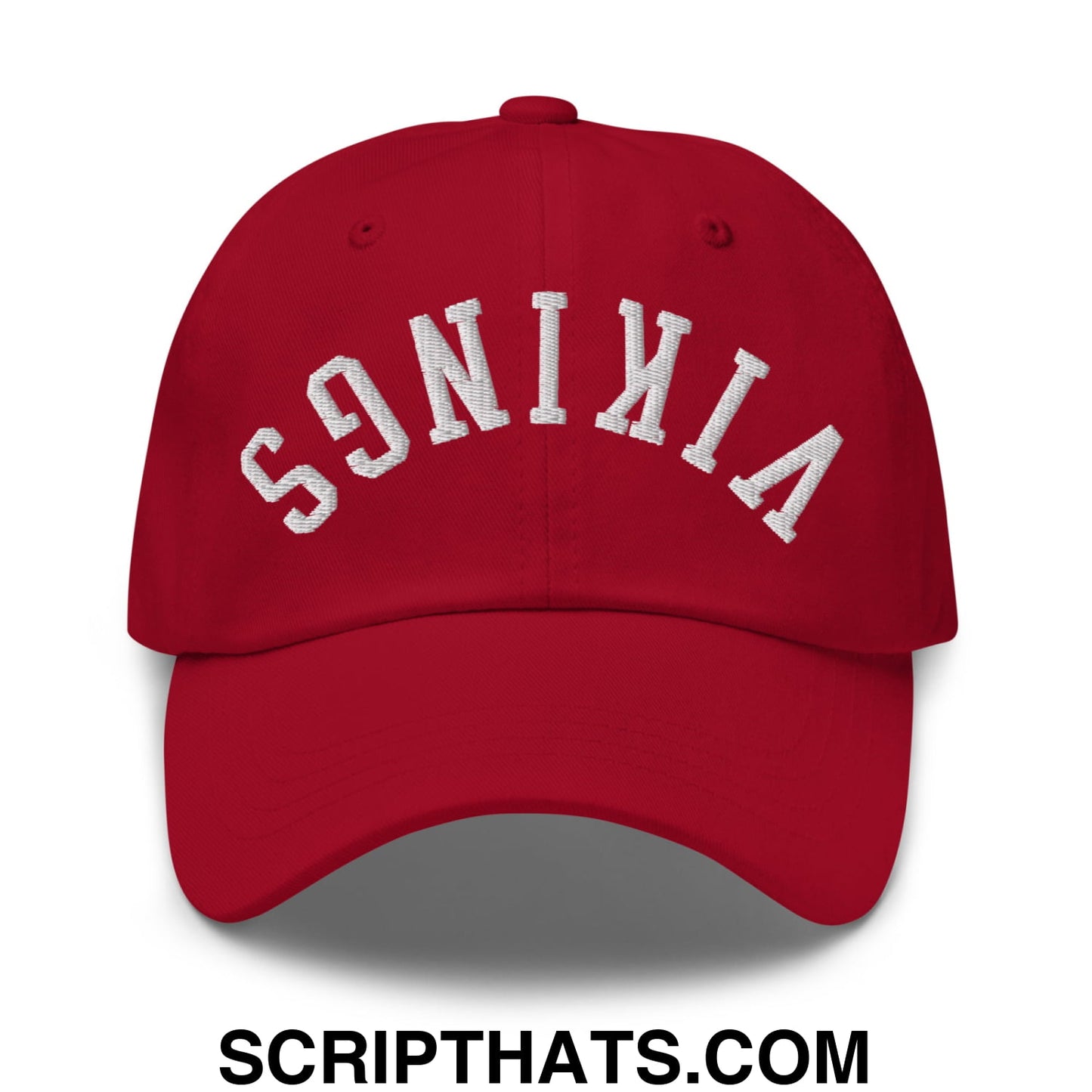 Red upside down vikings embroidered unstructured dad hat featuring white lettering and a baseball cap design