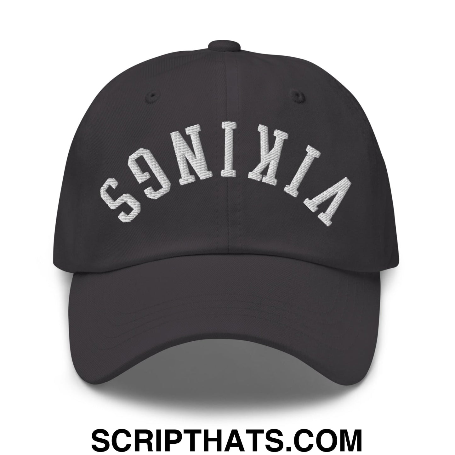 Black unstructured dad hat with white embroidered upside down Vikings arch logo made of soft cotton material