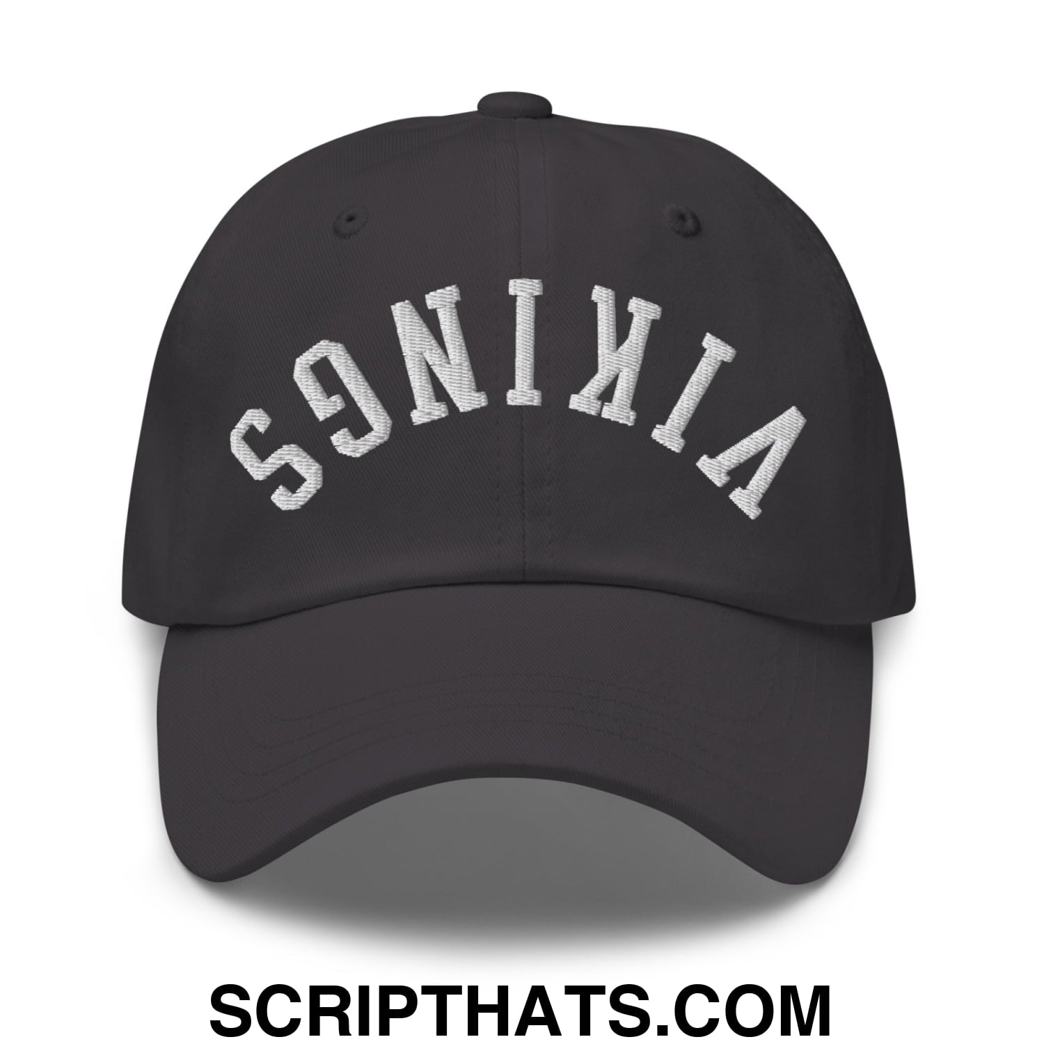 Black unstructured dad hat with white embroidered upside down Vikings arch logo made of soft cotton material