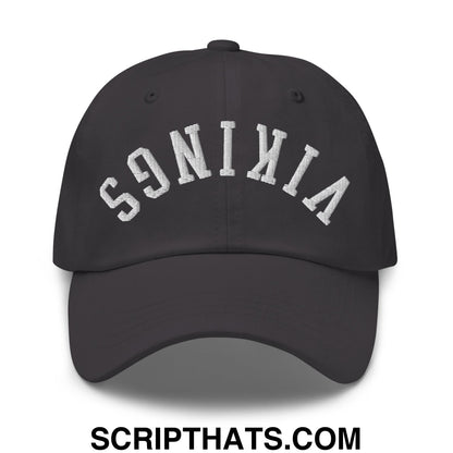 Black unstructured dad hat with white embroidered upside down Vikings arch logo made of soft cotton material