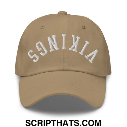 Beige unstructured dad hat with white embroidered vikings arch design from upside down vikings collection