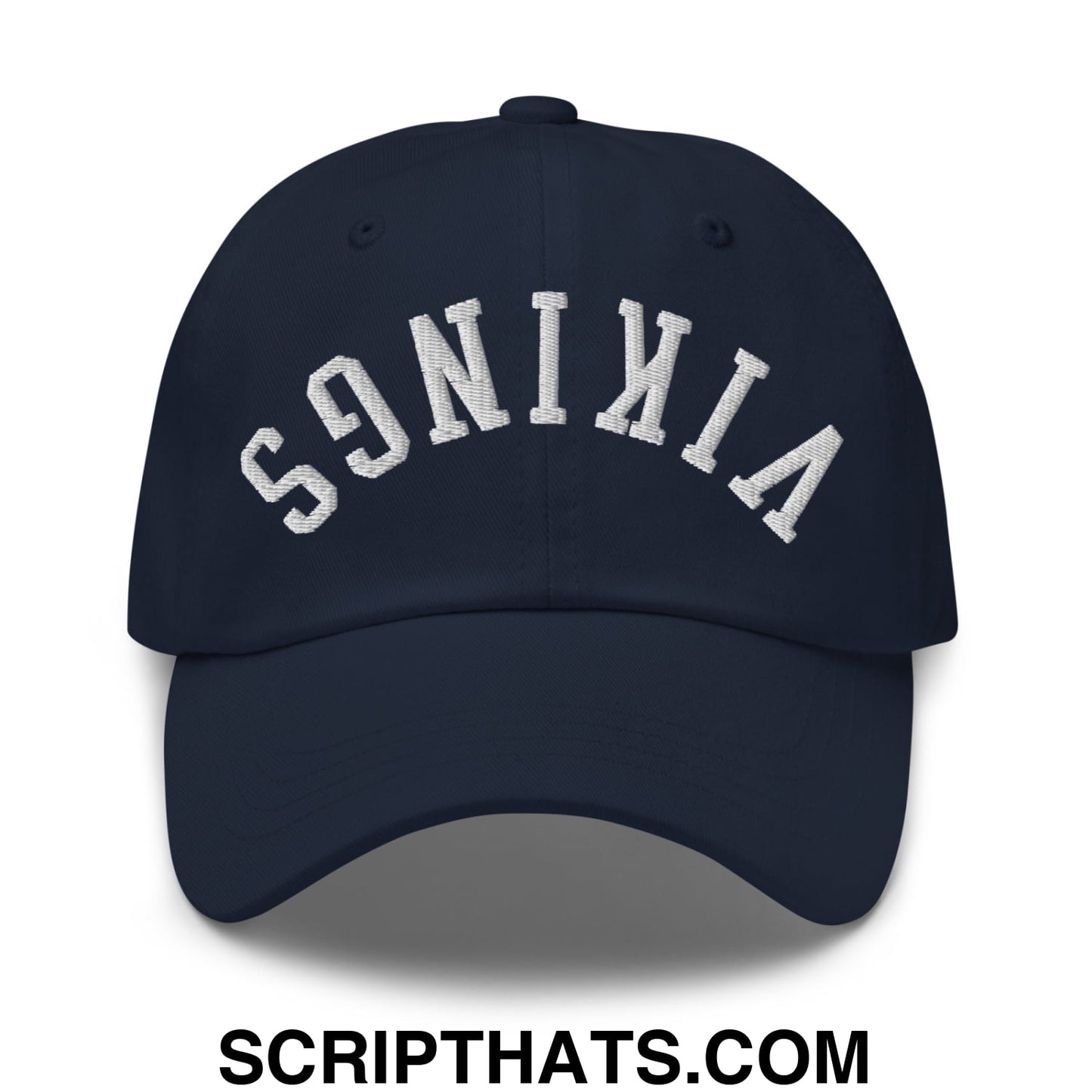 Navy blue unstructured dad hat with white embroidered vikings arch logo featuring upside down design