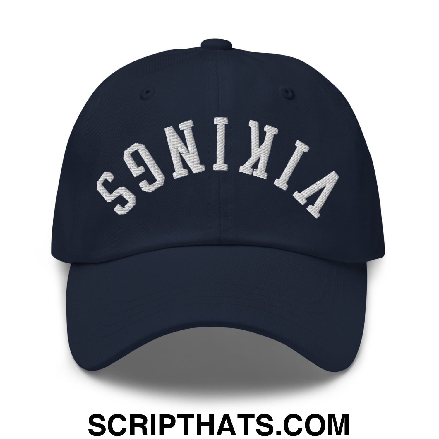 Navy blue unstructured dad hat with white embroidered vikings arch logo featuring upside down design