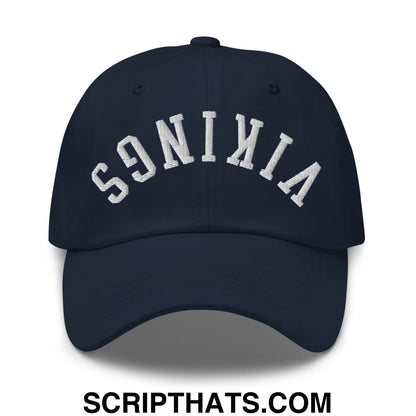 Navy blue unstructured dad hat with white embroidered vikings arch logo featuring upside down design