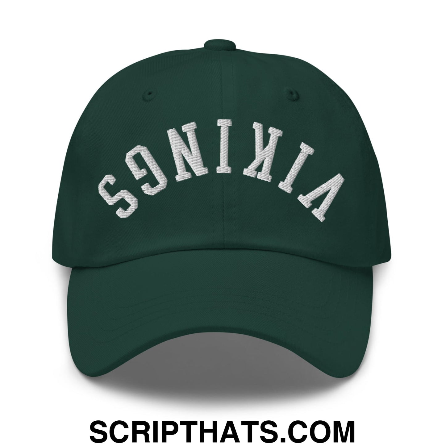 Dark green unstructured dad hat with white embroidered vikings arch logo featuring upside down design