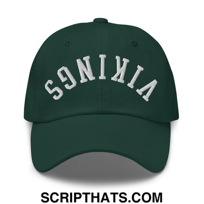 Dark green unstructured dad hat with white embroidered vikings arch logo featuring upside down design