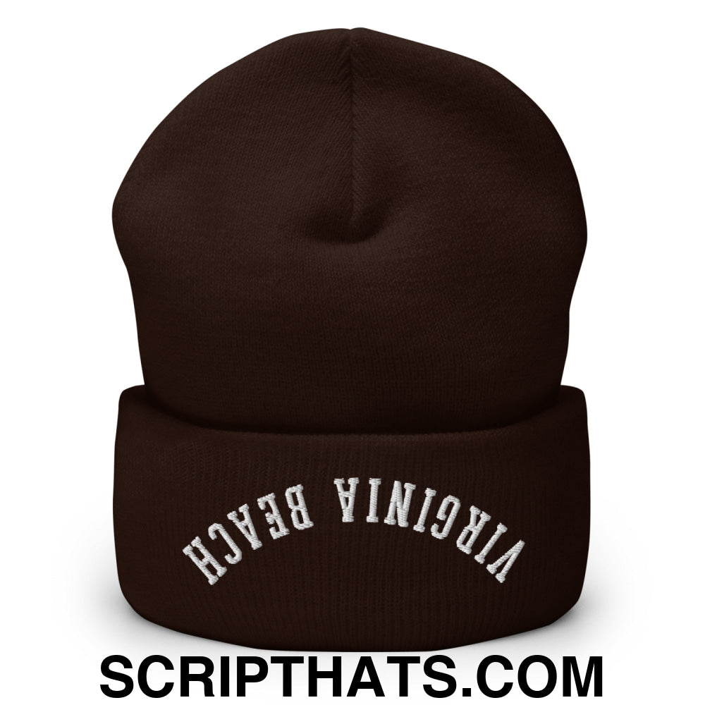 Upside Down Virginia Beach Embroidered Cuffed Knit Beanie Brown
