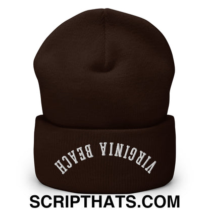 Upside Down Virginia Beach Embroidered Cuffed Knit Beanie Brown