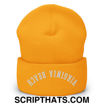 Upside Down Virginia Beach Embroidered Cuffed Knit Beanie Gold