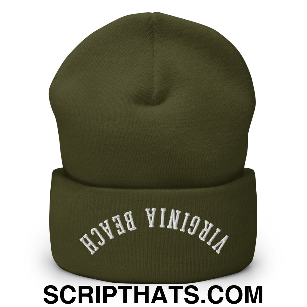 Upside Down Virginia Beach Embroidered Cuffed Knit Beanie Olive