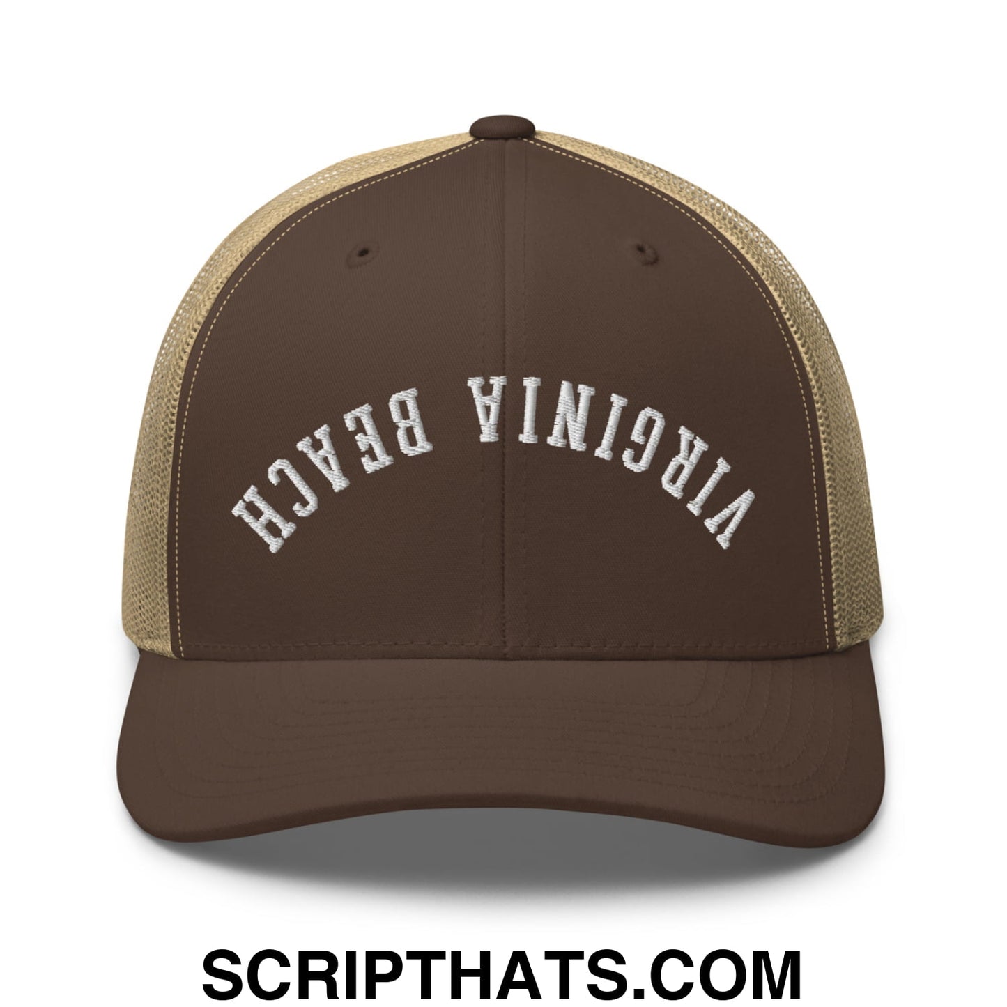 Upside Down Virginia Beach Embroidered Mesh Trucker Hat Brown Khaki