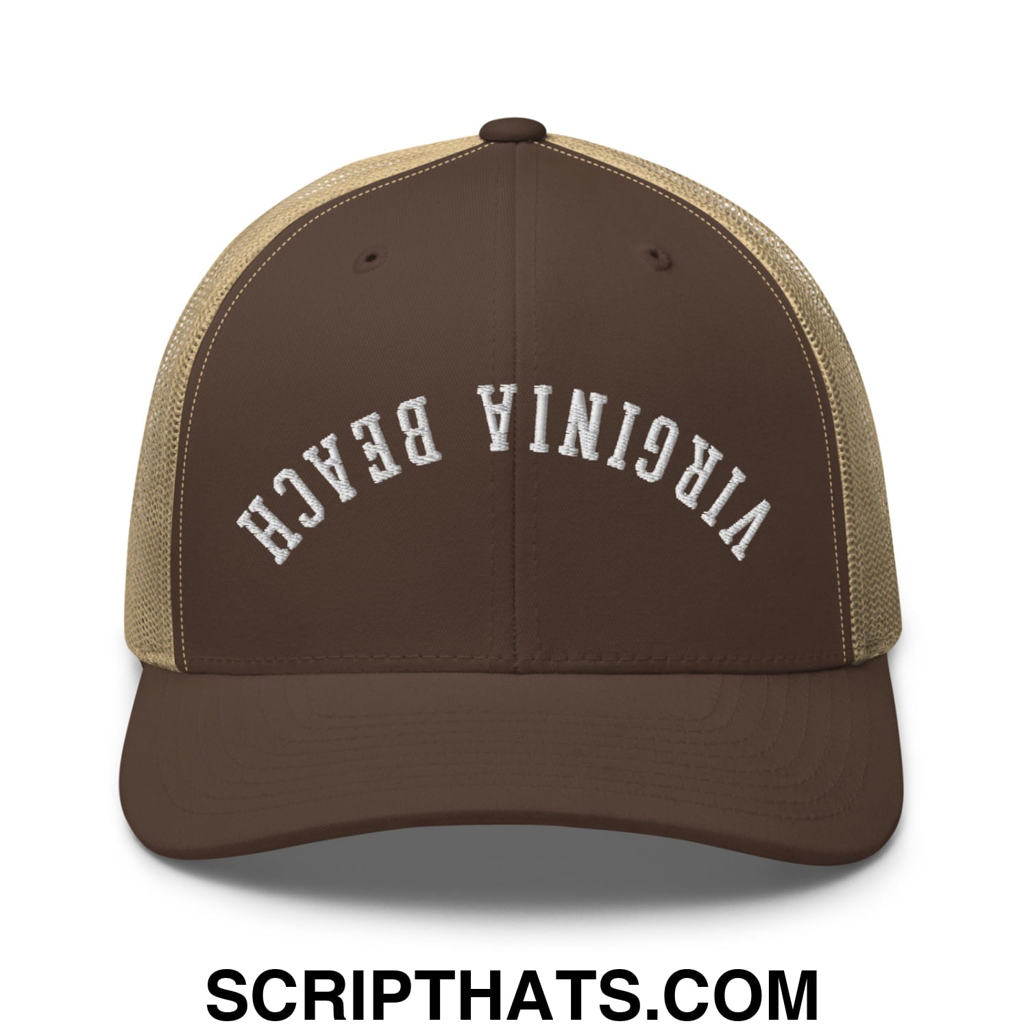 Upside Down Virginia Beach Embroidered Mesh Trucker Hat Brown Khaki