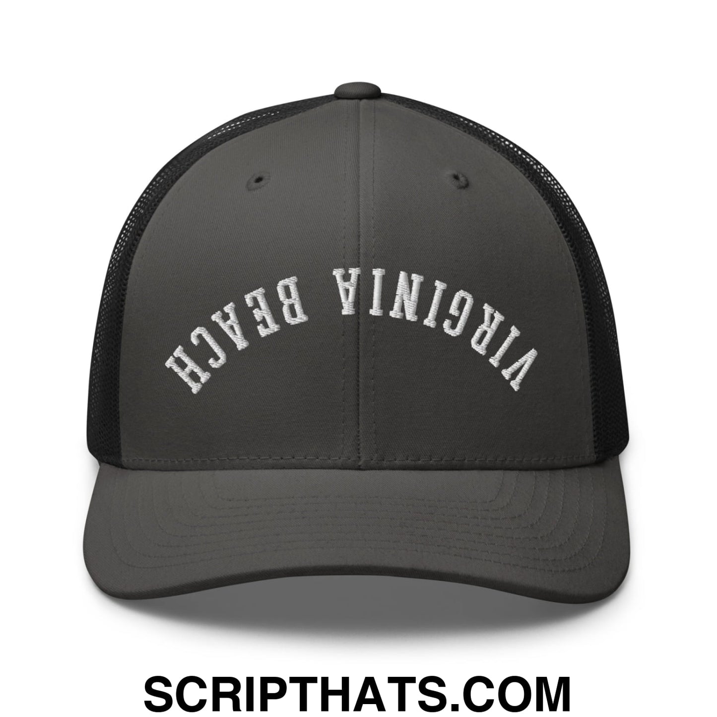 Upside Down Virginia Beach Embroidered Mesh Trucker Hat Charcoal Black