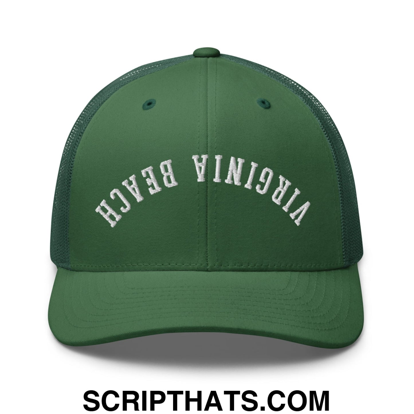 Upside Down Virginia Beach Embroidered Mesh Trucker Hat Evergreen