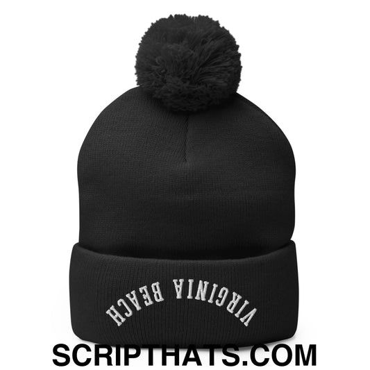 Upside Down Virginia Beach Embroidered Pom Pom Knit Beanie Black