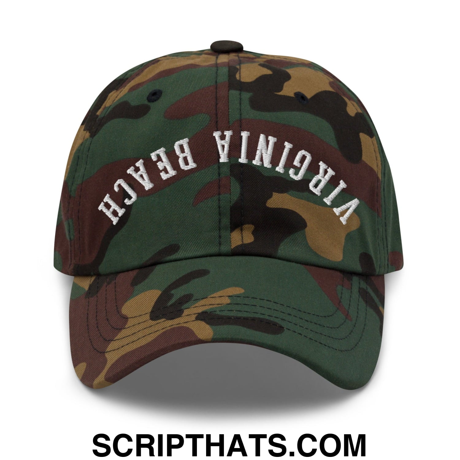 Upside Down Virginia Beach Embroidered Unstructured Dad Hat Green Camo