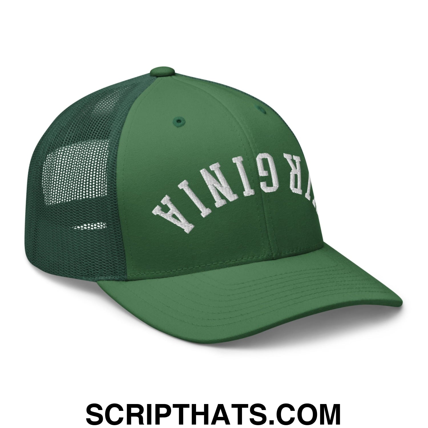 Upside Down Virginia Embroidered Mesh Trucker Hat Evergreen