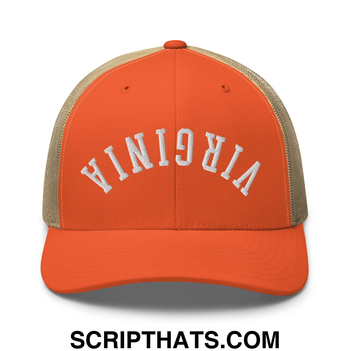 Upside Down Virginia Embroidered Mesh Trucker Hat Rustic Orange Khaki