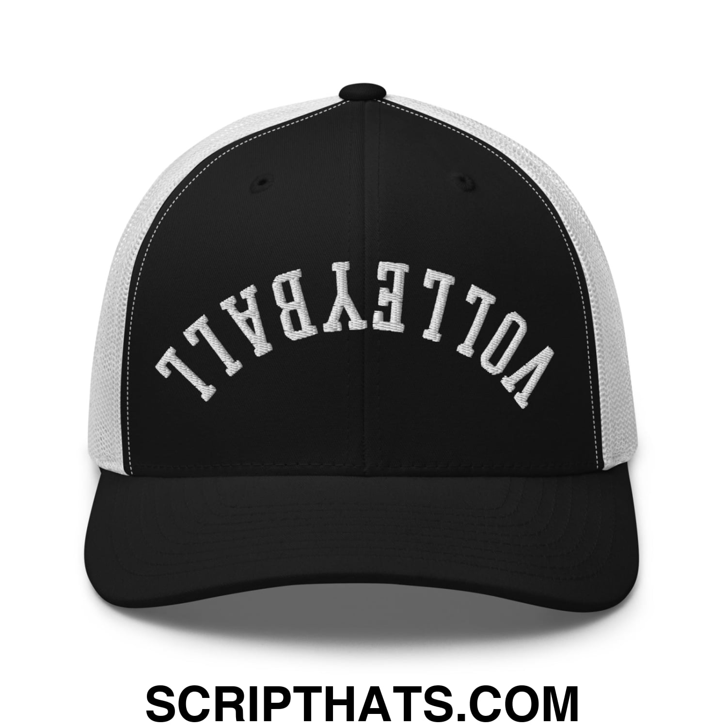 Upside Down Volleyball Embroidered Mesh Trucker Hat Black White