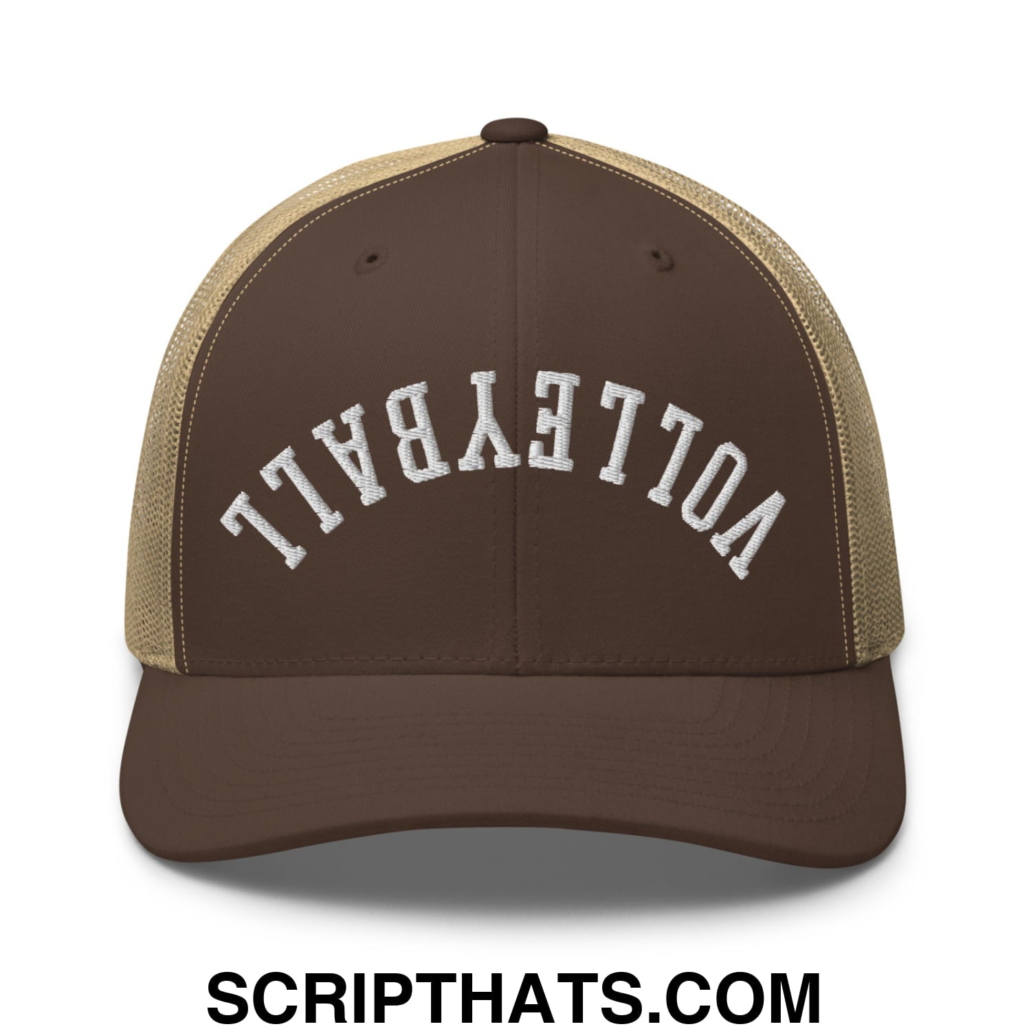 Upside Down Volleyball Embroidered Mesh Trucker Hat Brown Khaki