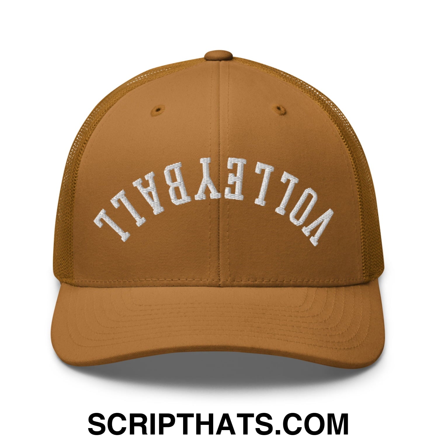 Upside Down Volleyball Embroidered Mesh Trucker Hat Caramel