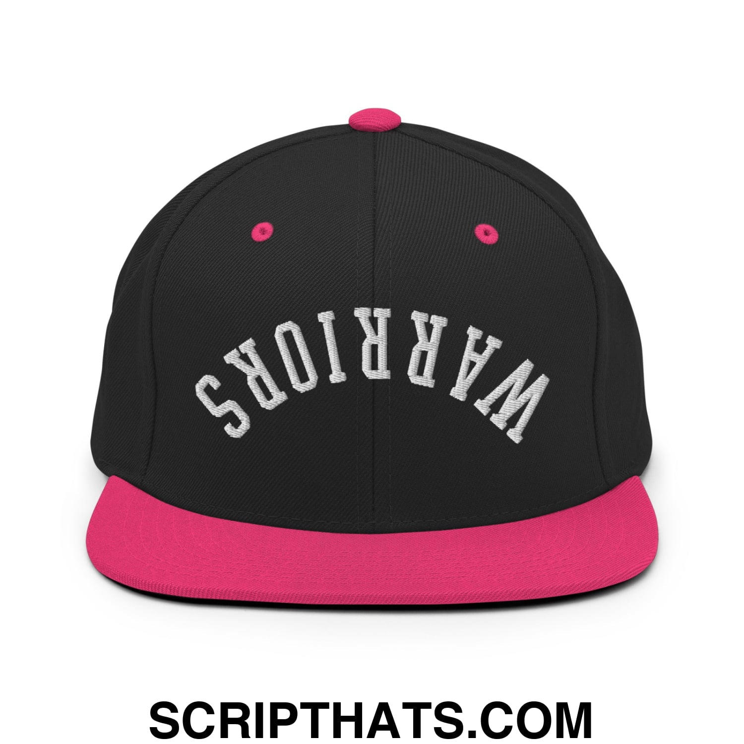 Black snapback hat with vibrant pink brim and button featuring white embroidered warriors text flat bill design
