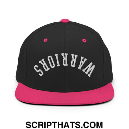 Black snapback hat with vibrant pink brim and button featuring white embroidered warriors text flat bill design