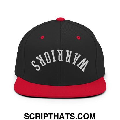 Black and red snapback hat with white embroidered warriors lettering and flat bill brim for casual wear