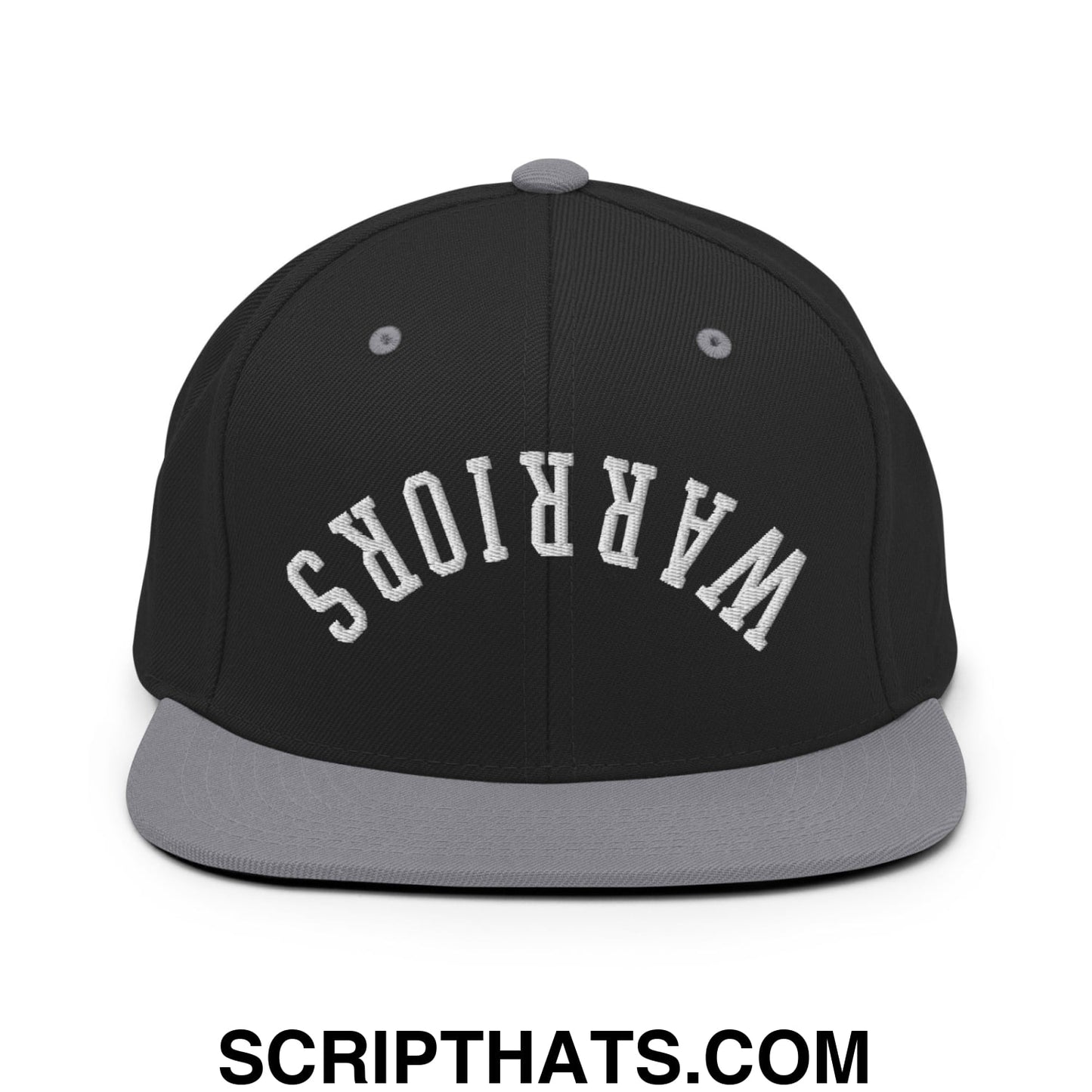 Black snapback cap with gray brim and button featuring white embroidered warriors lettering in an arched design