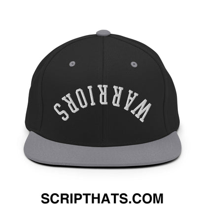 Black snapback cap with gray brim and button featuring white embroidered warriors lettering in an arched design