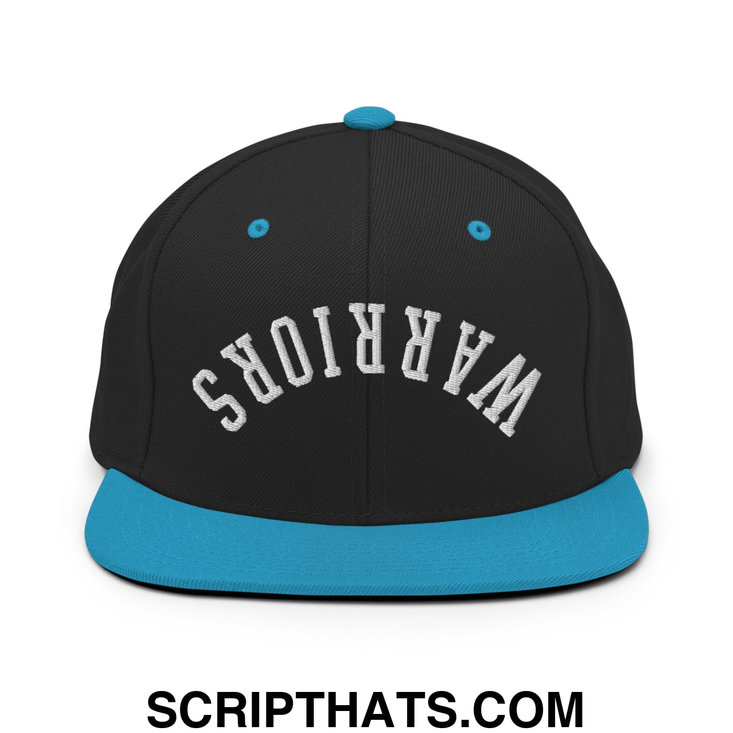 Black snapback cap with teal flat bill brim and button, embroidered warriors text on front in white