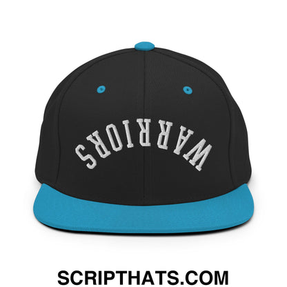 Black snapback cap with teal flat bill brim and button, embroidered warriors text on front in white