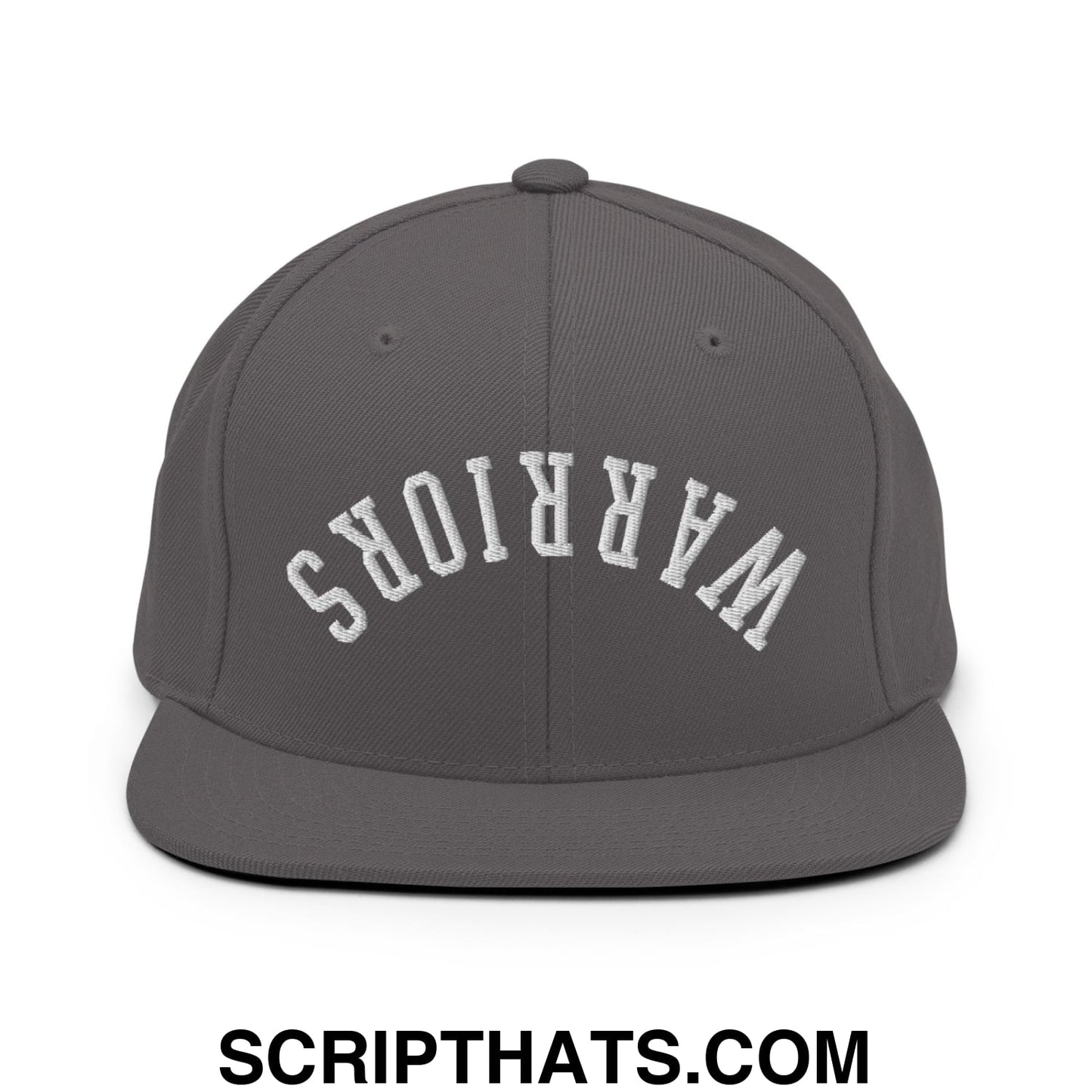 Dark gray snapback cap with white embroidered warriors lettering in an arched design and flat bill brim