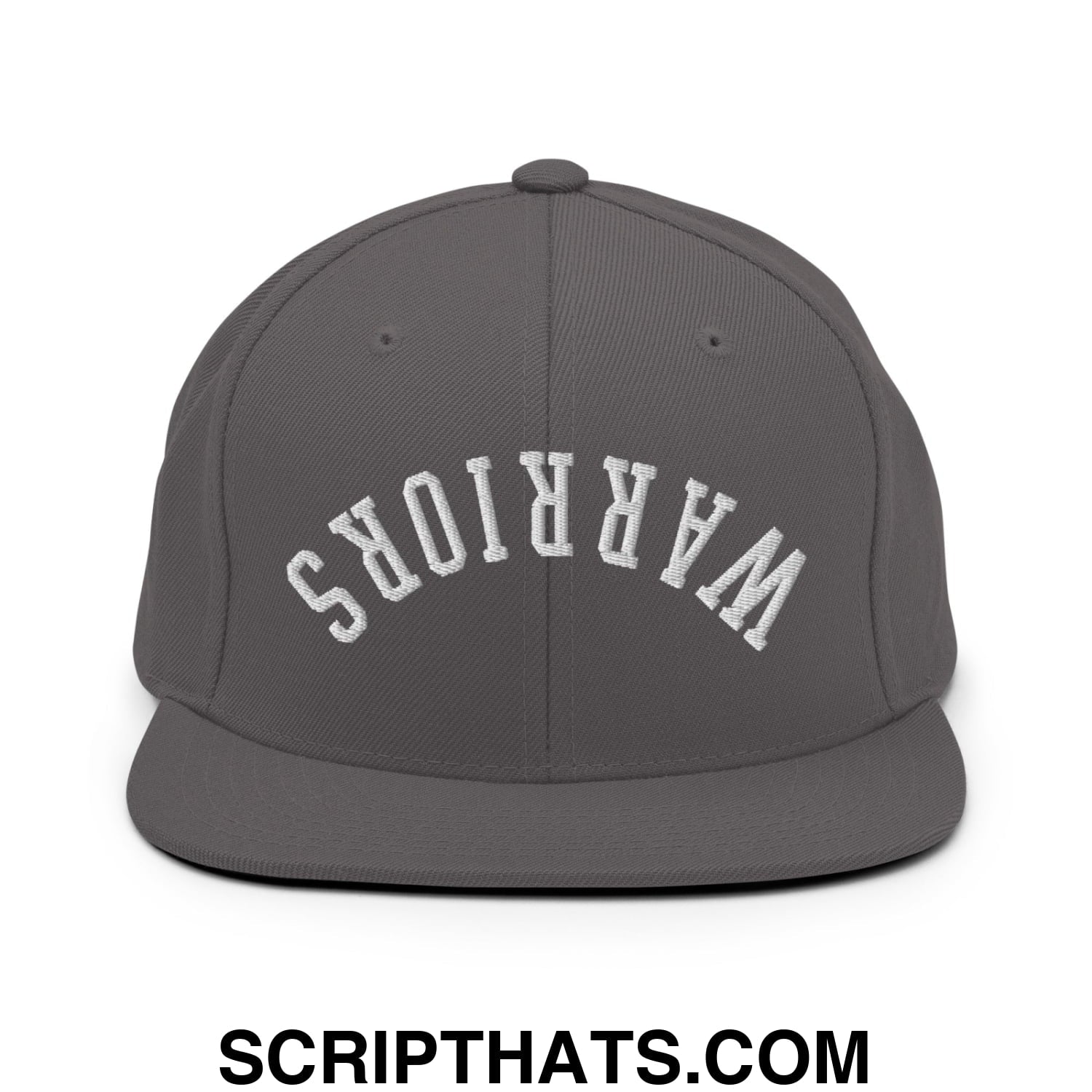 Dark gray snapback cap with white embroidered warriors lettering in an arched design and flat bill brim