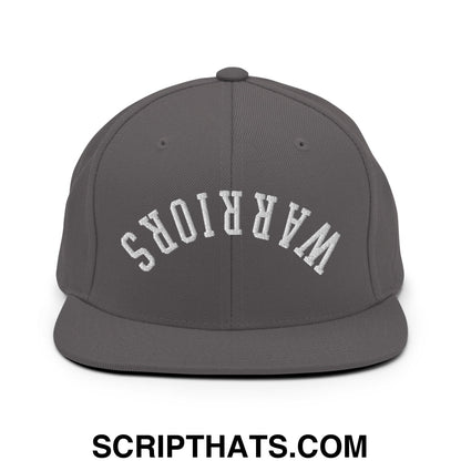 Dark gray snapback cap with white embroidered warriors lettering in an arched design and flat bill brim